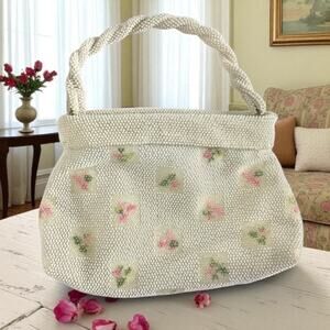 Lumured Petite Bead VTG White Beaded Handbag Purse With Roses & Removeable Cover